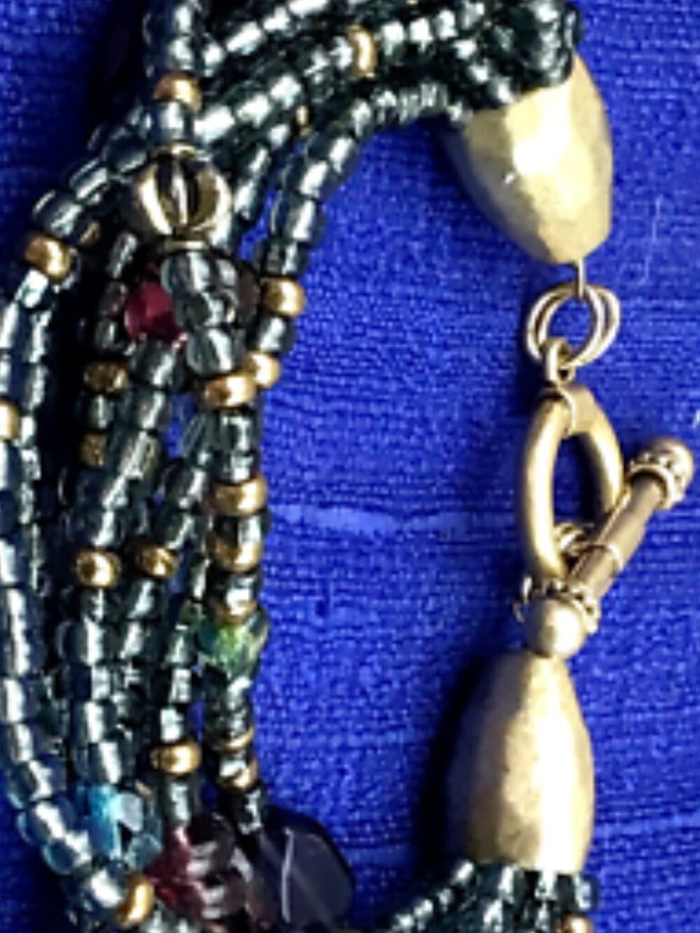 Multi Strand Gold Tone Peacock Glass Beads Toggle Clasp Bracelet up to 8" LNC